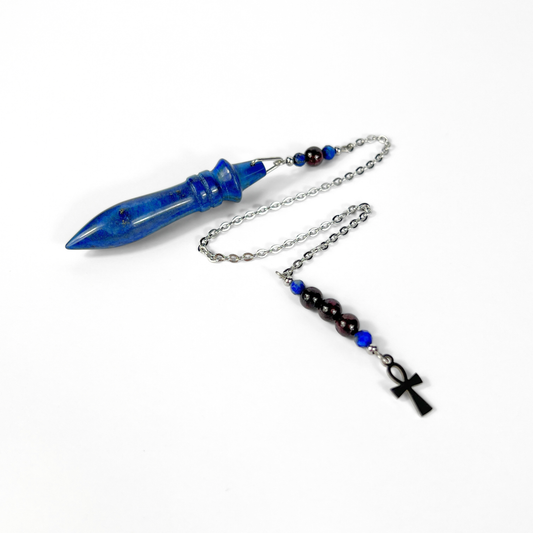 Egyptian Thot pendulum, lapis lazuli, garnet, Ankh charm