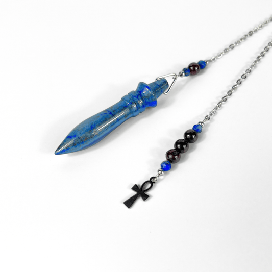Egyptian Thot pendulum, lapis lazuli, garnet, Ankh charm