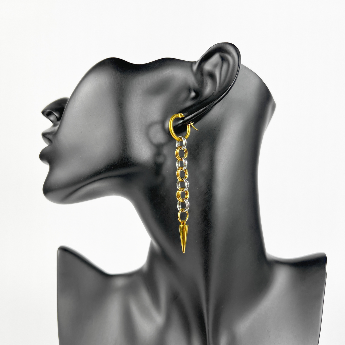 Silver and gold mixed metal chainmail earrings, hoops and spikes Baguette Magick
