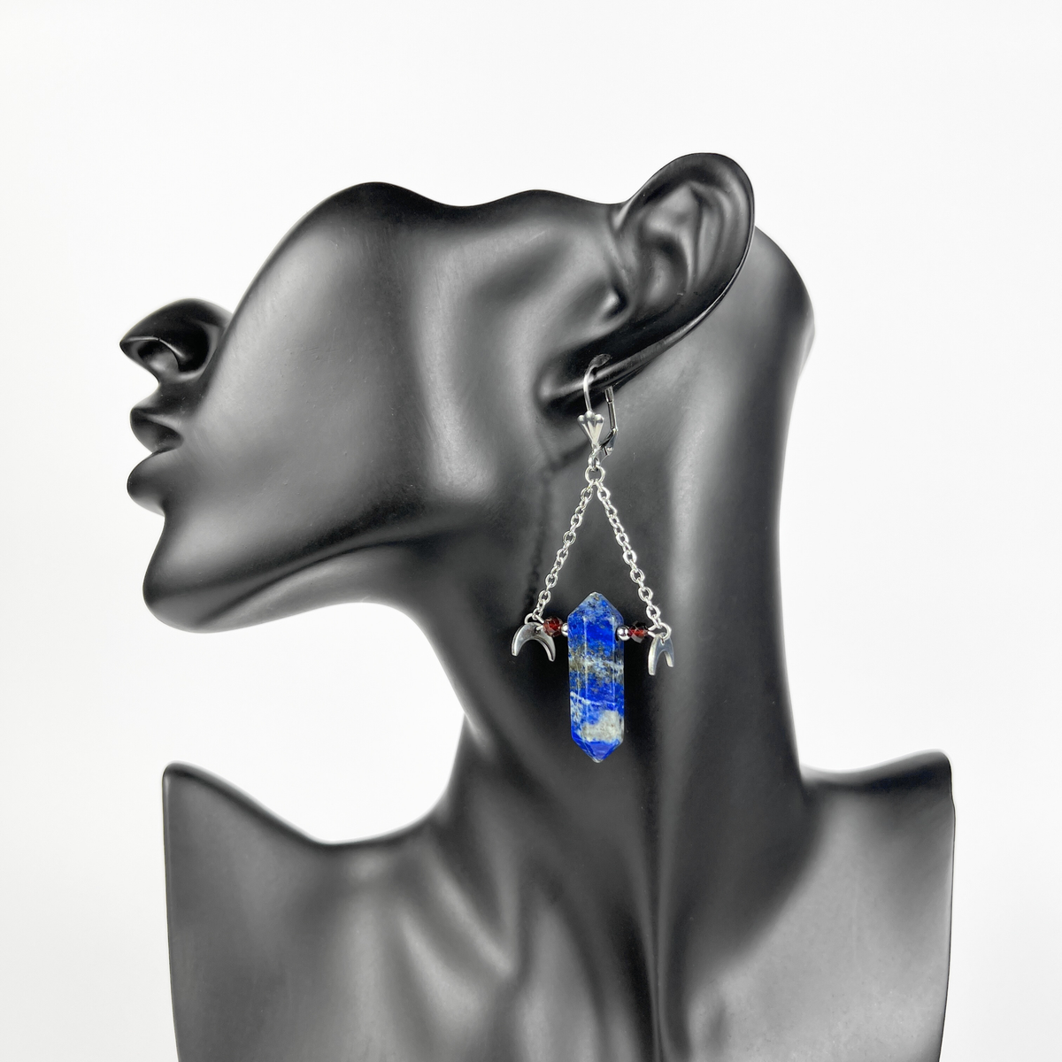 Lapis lazuli garnet gemstone earrings with Moon crescent Baguette Magick