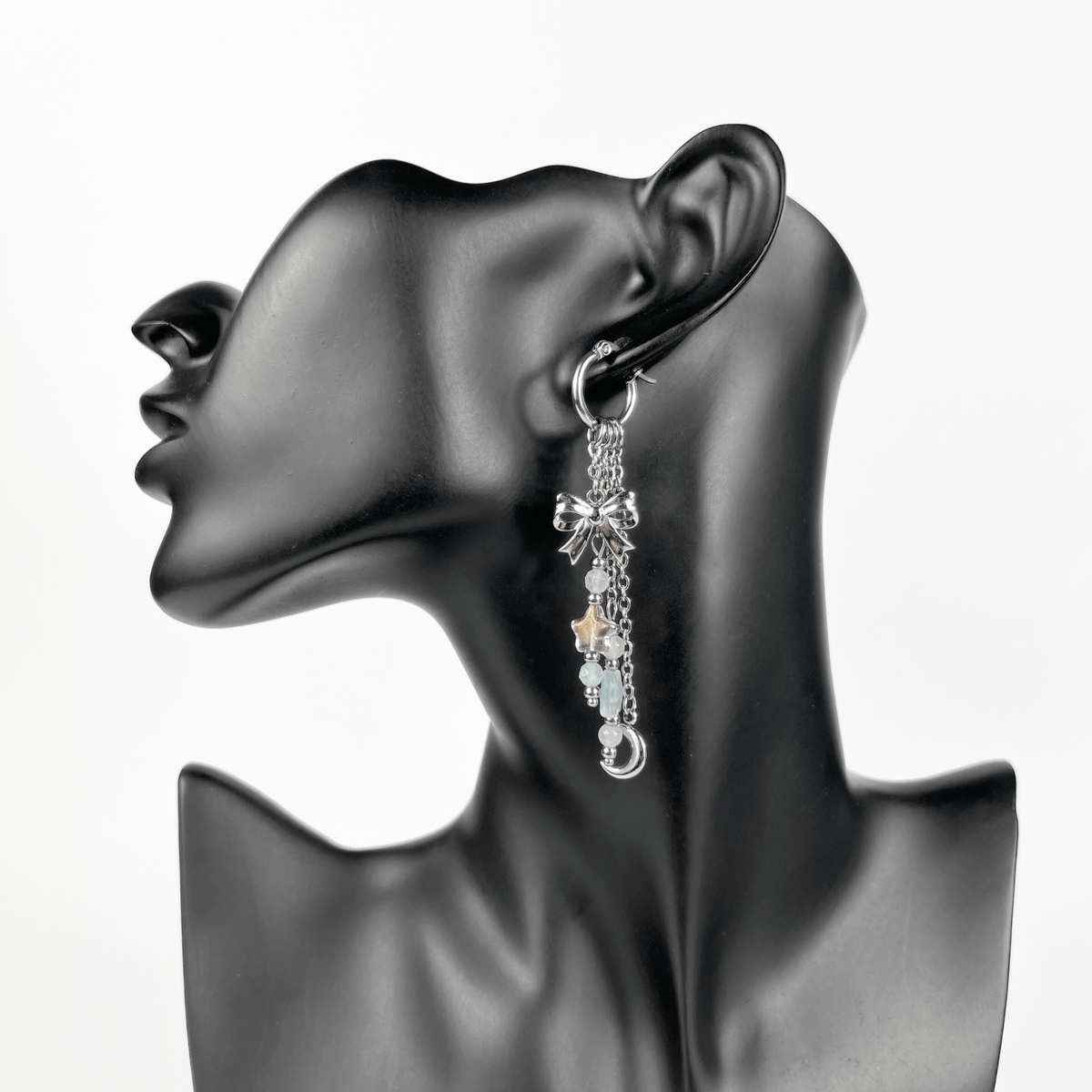 Boucles d'oreilles créoles Mix & Match nœud, lune et étoiles, morganite et quartz rose