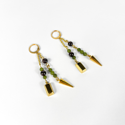 Garnet and green jade wealth talisman earrings, gold ingot and spike, to manifest abundance