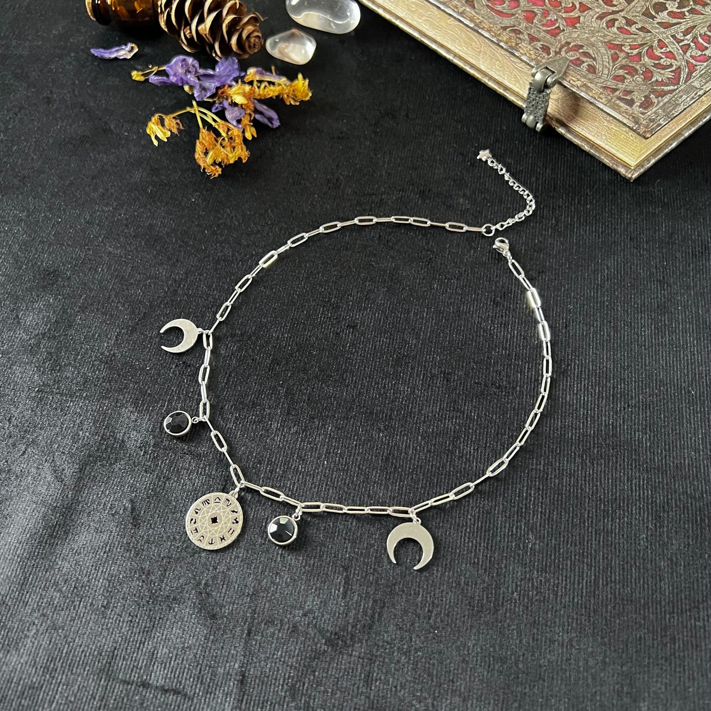 astrology zodiac wheel choker necklace paper clip chain black rhinestone gothic witch occult jewelry baguette magick