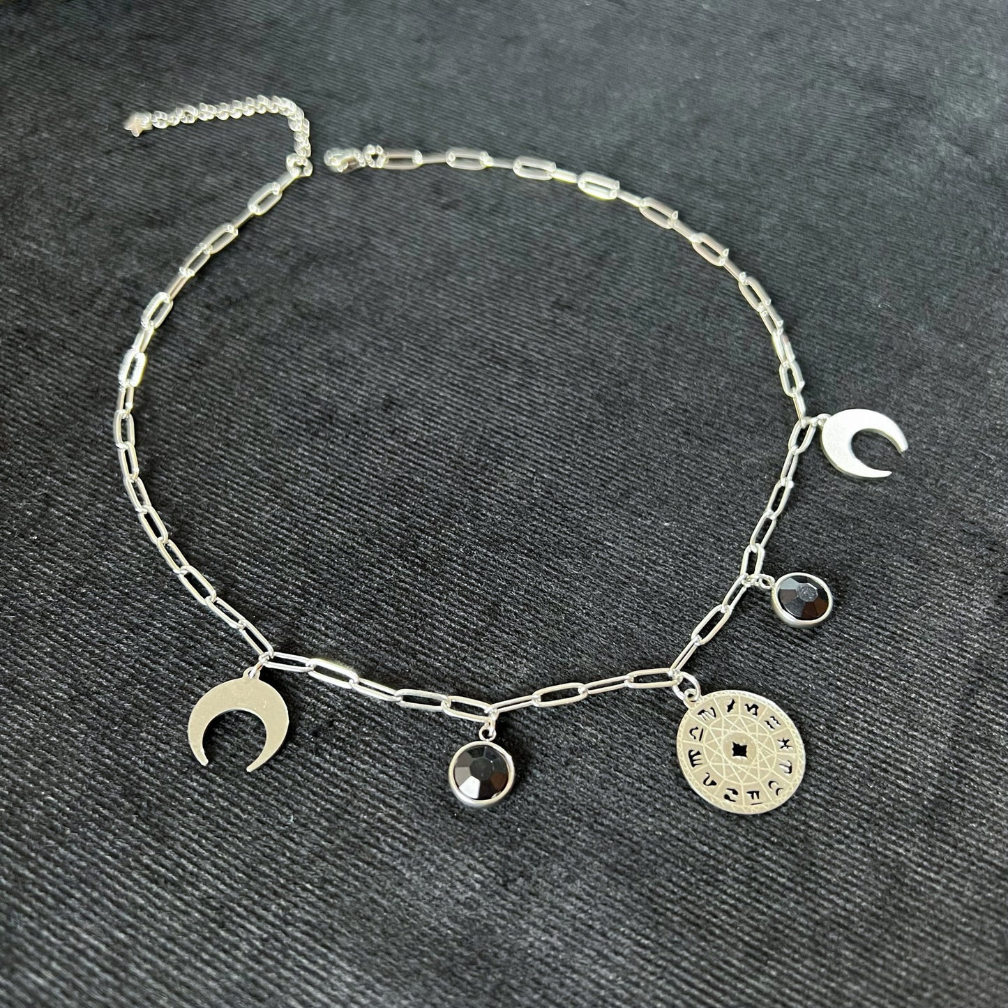 astrology zodiac wheel choker necklace paper clip chain black rhinestone gothic witch occult jewelry baguette magick