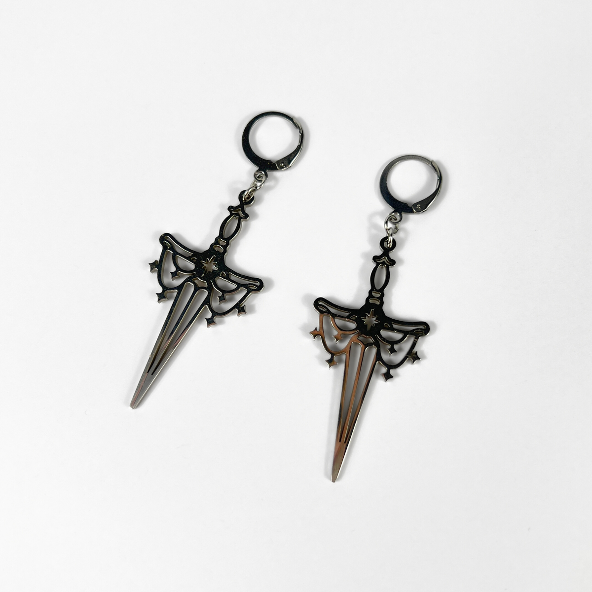 Athame dagger earrings, silver tone stainless steel Baguette Magick