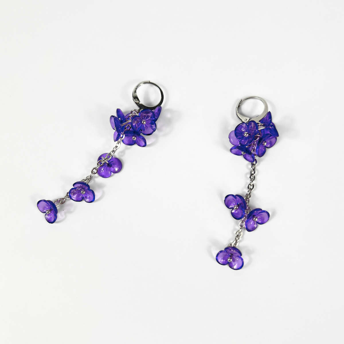 Purple orchid flowers dangle and drop earrings, made with silver tone stainless steel, light floral and dainty flower jewelry for her