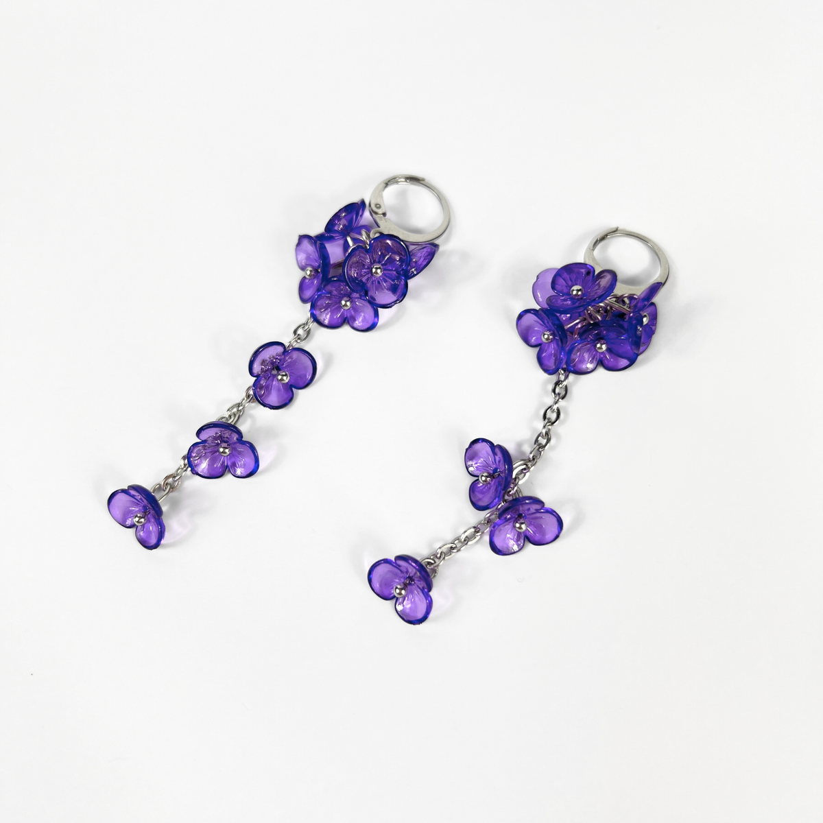 Purple orchid flowers dangle and drop earrings, made with silver tone stainless steel, light floral and dainty flower jewelry for her