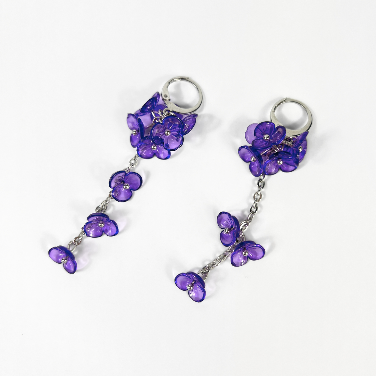 Purple orchid flowers dangle and drop earrings, made with silver tone stainless steel, light floral and dainty flower jewelry for her