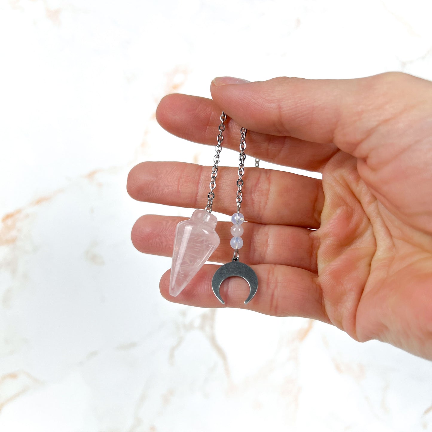 Rose quartz and opalite dowsing pendulum, pocket size, stainless steel, horn charm Baguette Magick