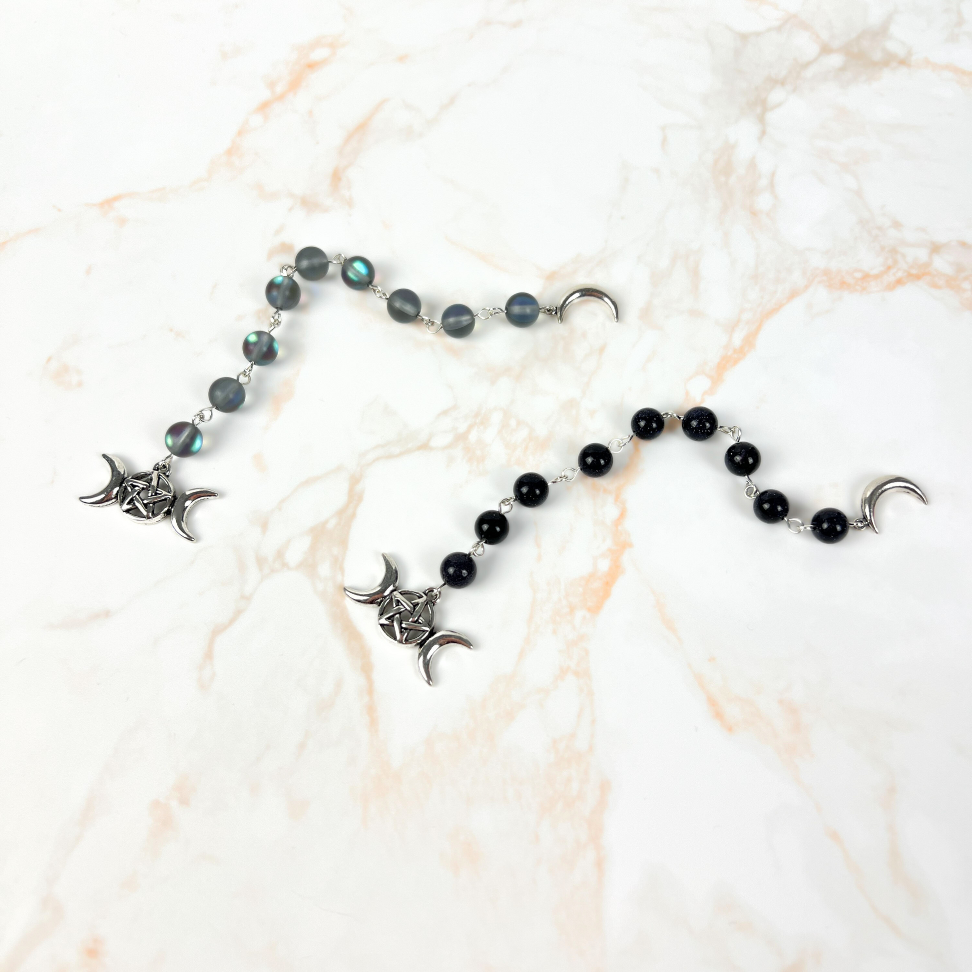 Witch ladder, Mermaid glass or Blue sandstone, Crescent Moon, triple Moon, 9 beads Baguette Magick