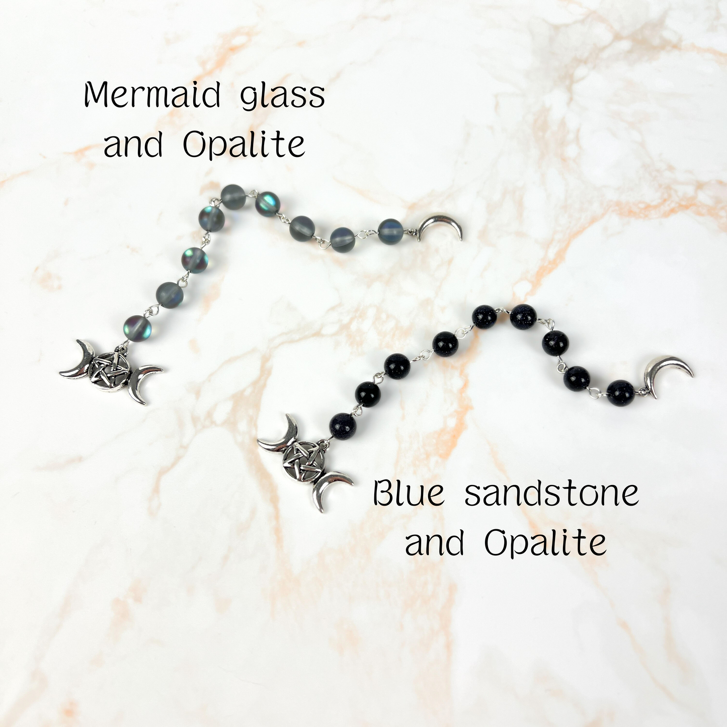 Witch ladder, Mermaid glass or Blue sandstone, Crescent Moon, triple Moon, 9 beads Baguette Magick
