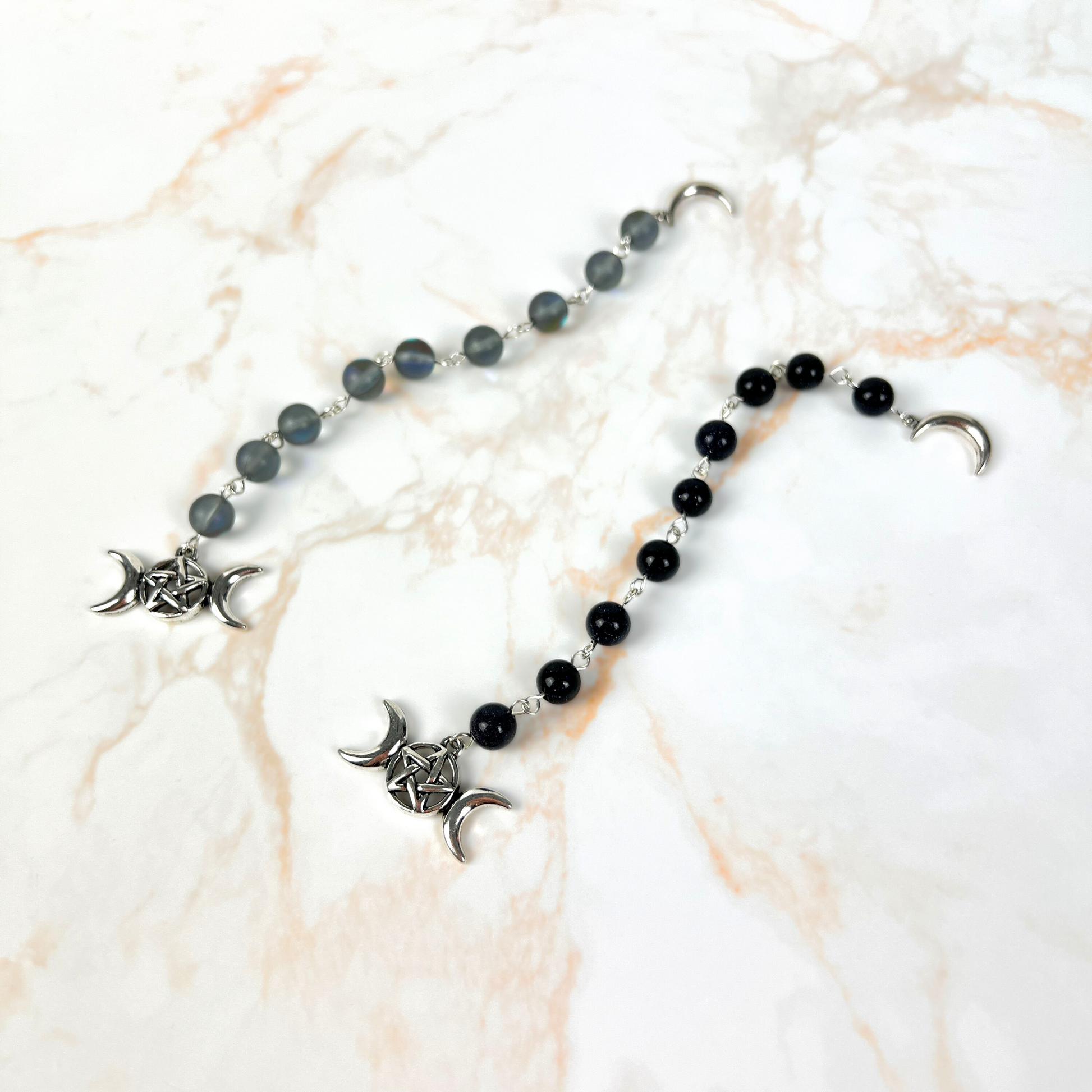Witch ladder, Mermaid glass or Blue sandstone, Crescent Moon, triple Moon, 9 beads Baguette Magick