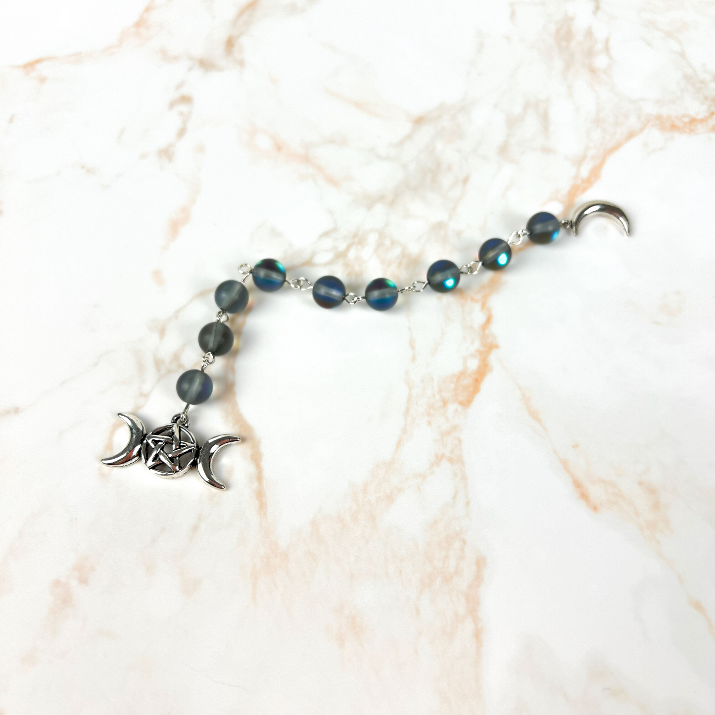 Witch ladder, Mermaid glass or Blue sandstone, Crescent Moon, triple Moon, 9 beads Baguette Magick