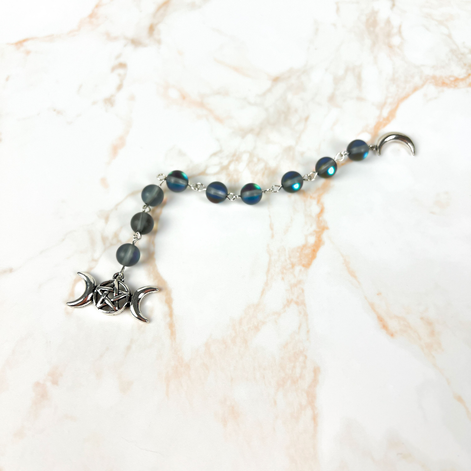 Witch ladder, Mermaid glass or Blue sandstone, Crescent Moon, triple Moon, 9 beads Baguette Magick