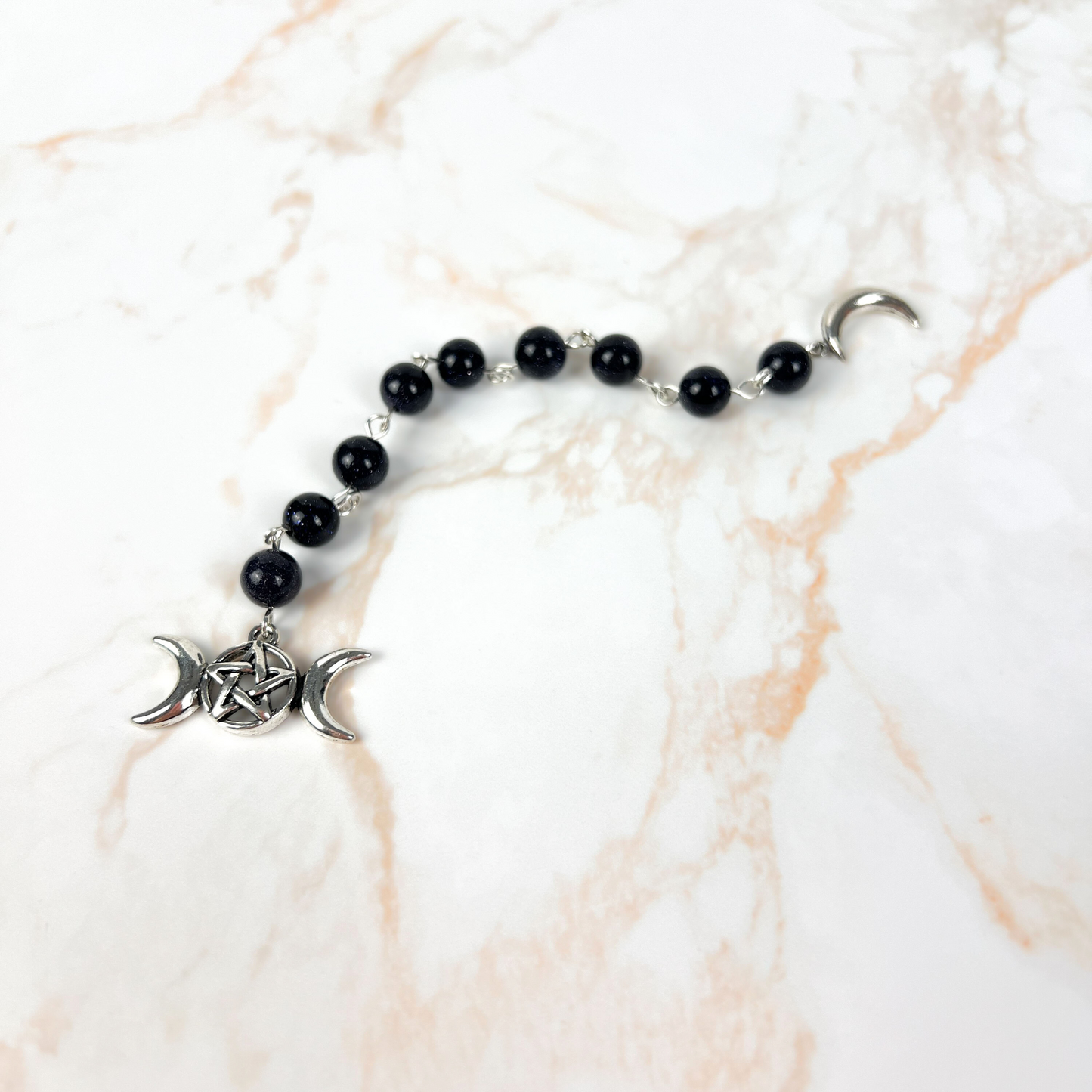 Witch ladder, Mermaid glass or Blue sandstone, Crescent Moon, triple Moon, 9 beads Baguette Magick