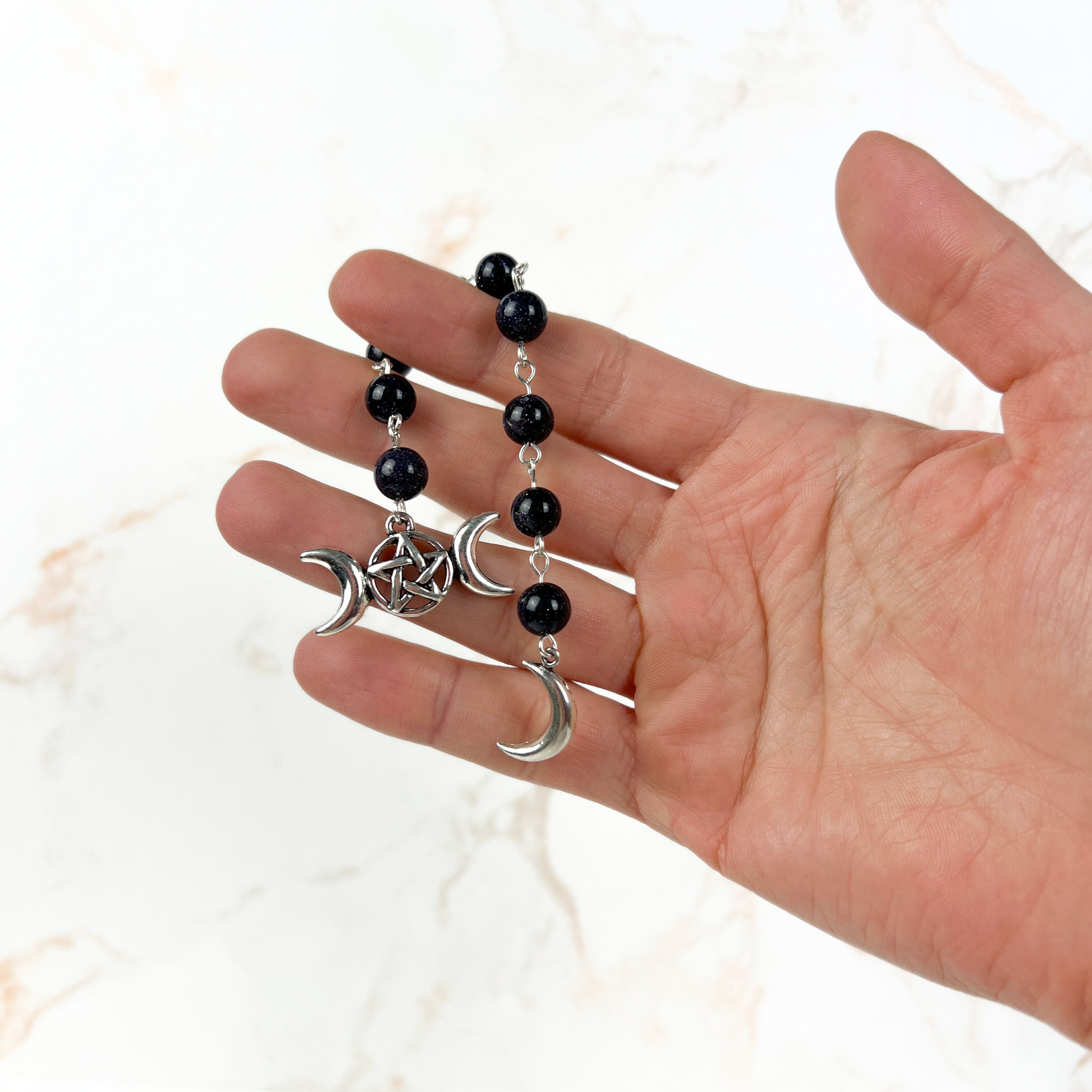 Witch ladder, Mermaid glass or Blue sandstone, Crescent Moon, triple Moon, 9 beads Baguette Magick