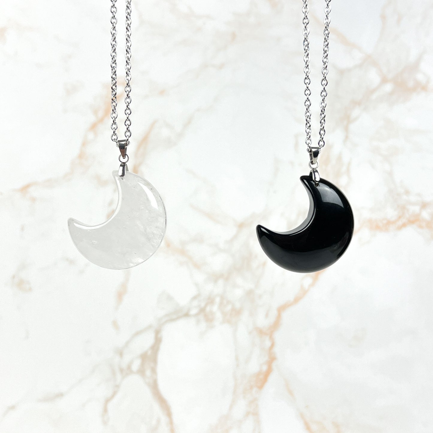 Moon crescent clear quartz or obsidian stainless steel pendant necklace Baguette Magick
