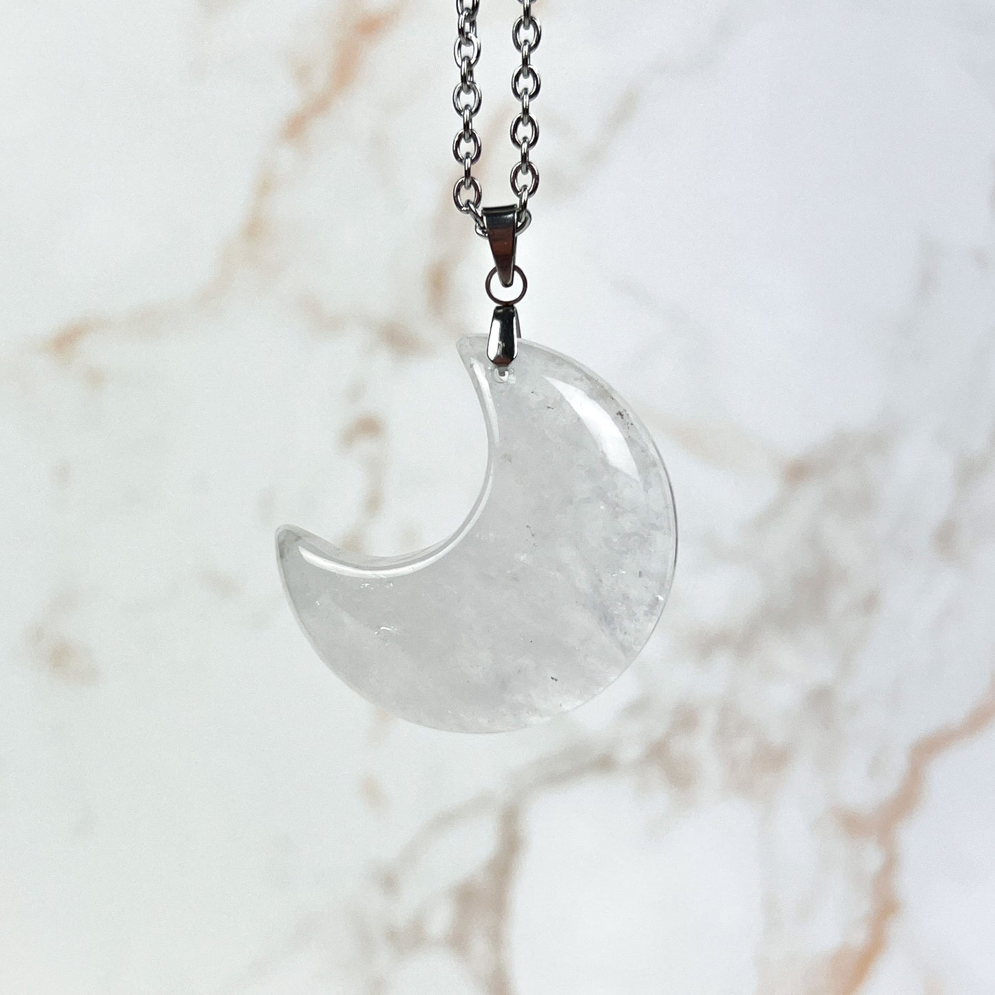 Moon crescent clear quartz or obsidian stainless steel pendant necklace Baguette Magick