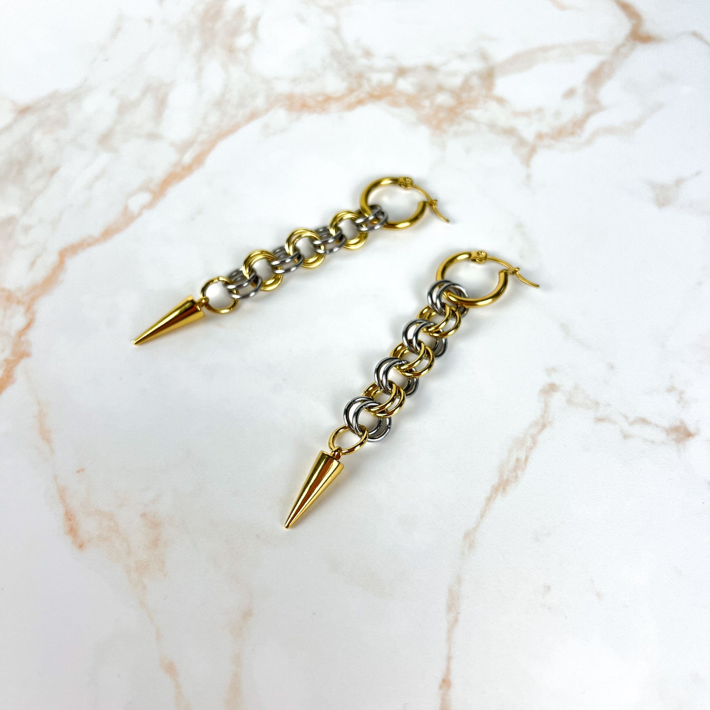 Silver and gold mixed metal chainmail earrings, hoops and spikes Baguette Magick
