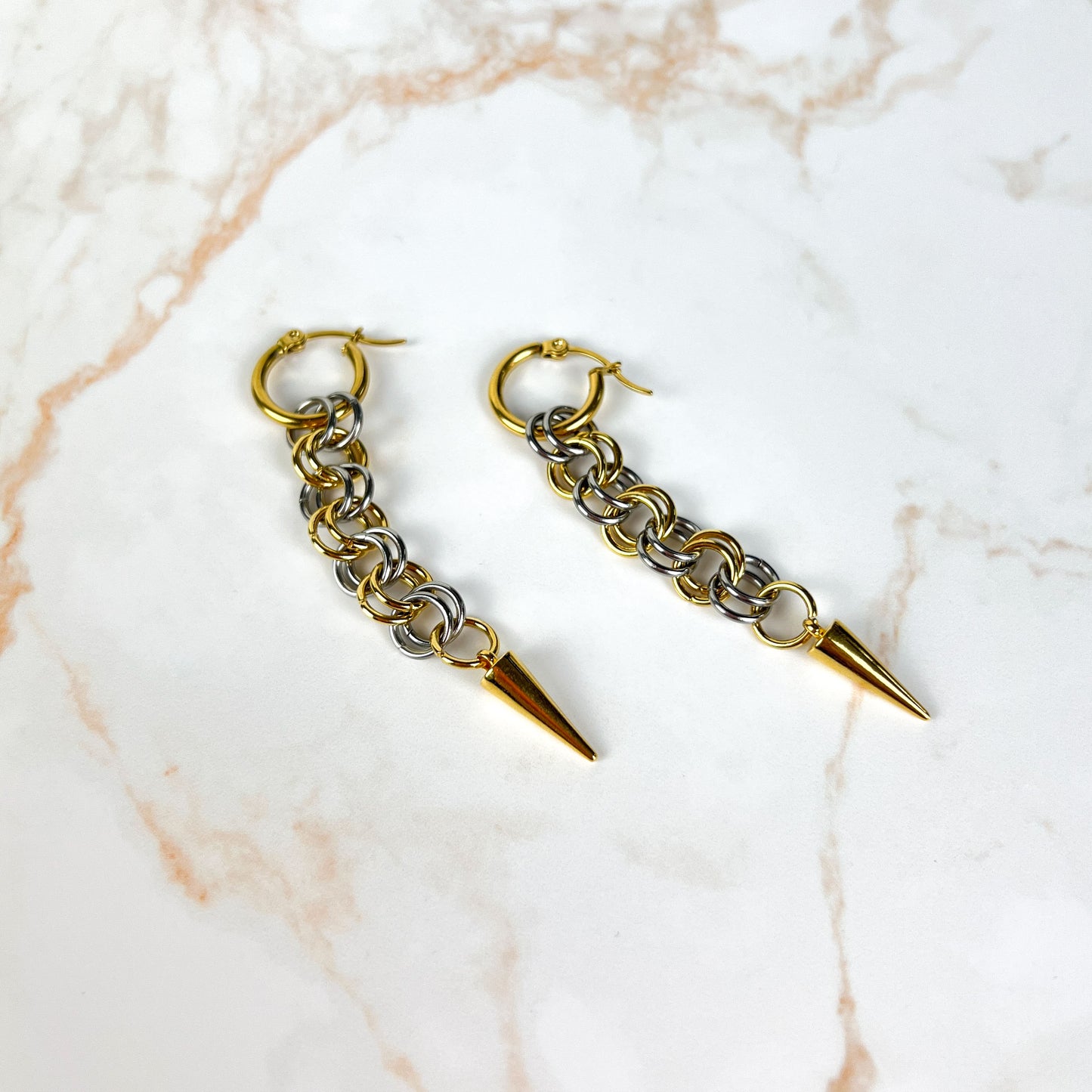 Silver and gold mixed metal chainmail earrings, hoops and spikes