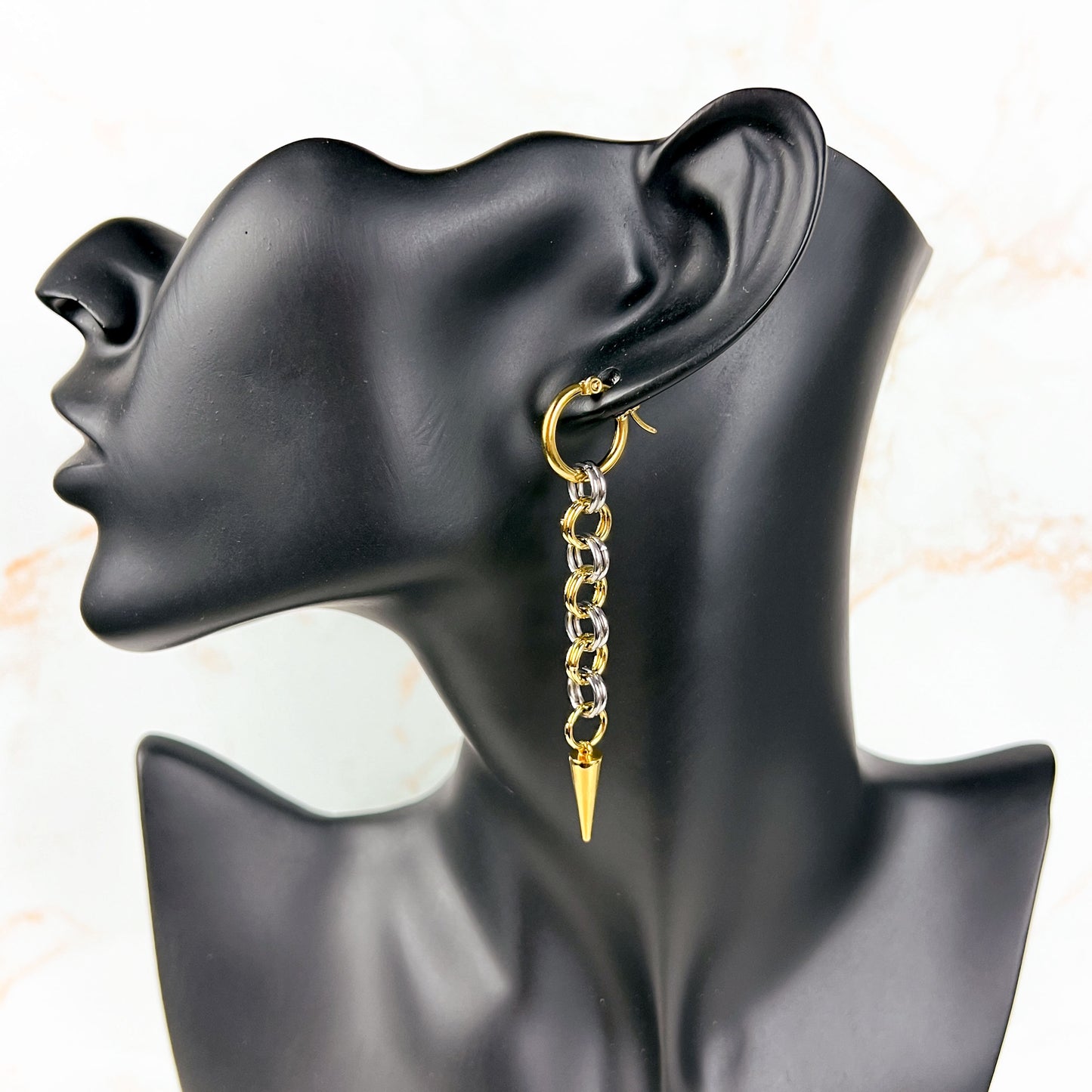 Silver and gold mixed metal chainmail earrings, hoops and spikes Baguette Magick
