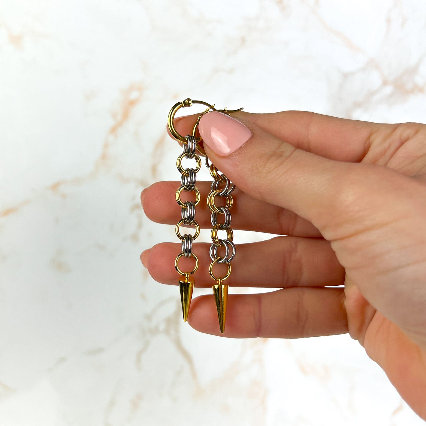 Silver and gold mixed metal chainmail earrings, hoops and spikes Baguette Magick