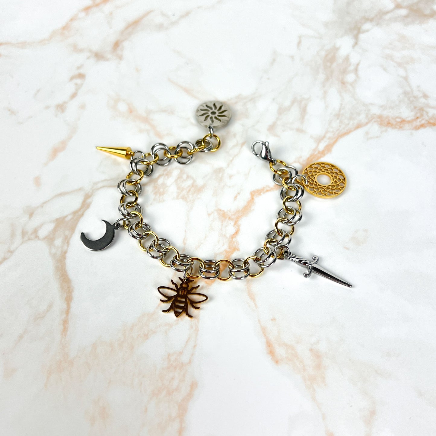 Chainmail charm bracelet, gold and silver tone, stainless steel and 18k gold plated Baguette Magick