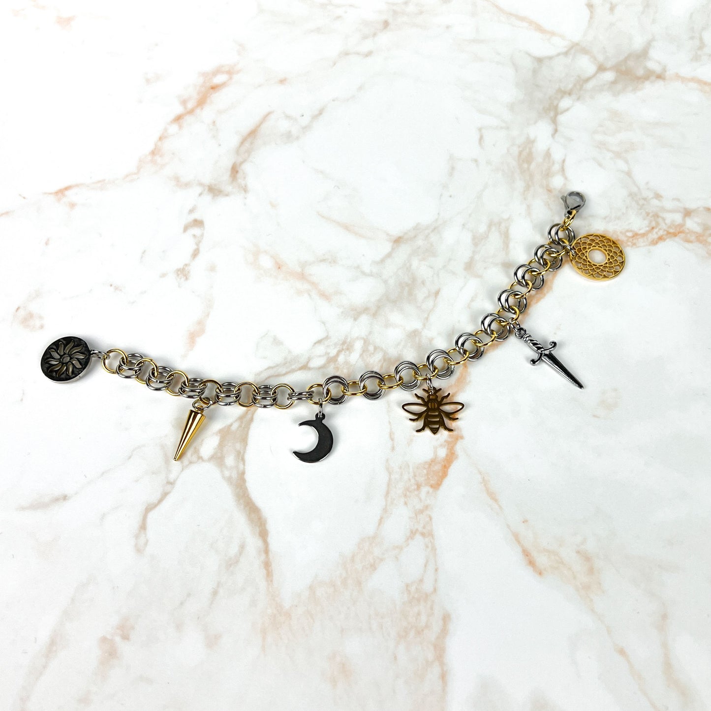 Chainmail charm bracelet, gold and silver tone, stainless steel and 18k gold plated Baguette Magick