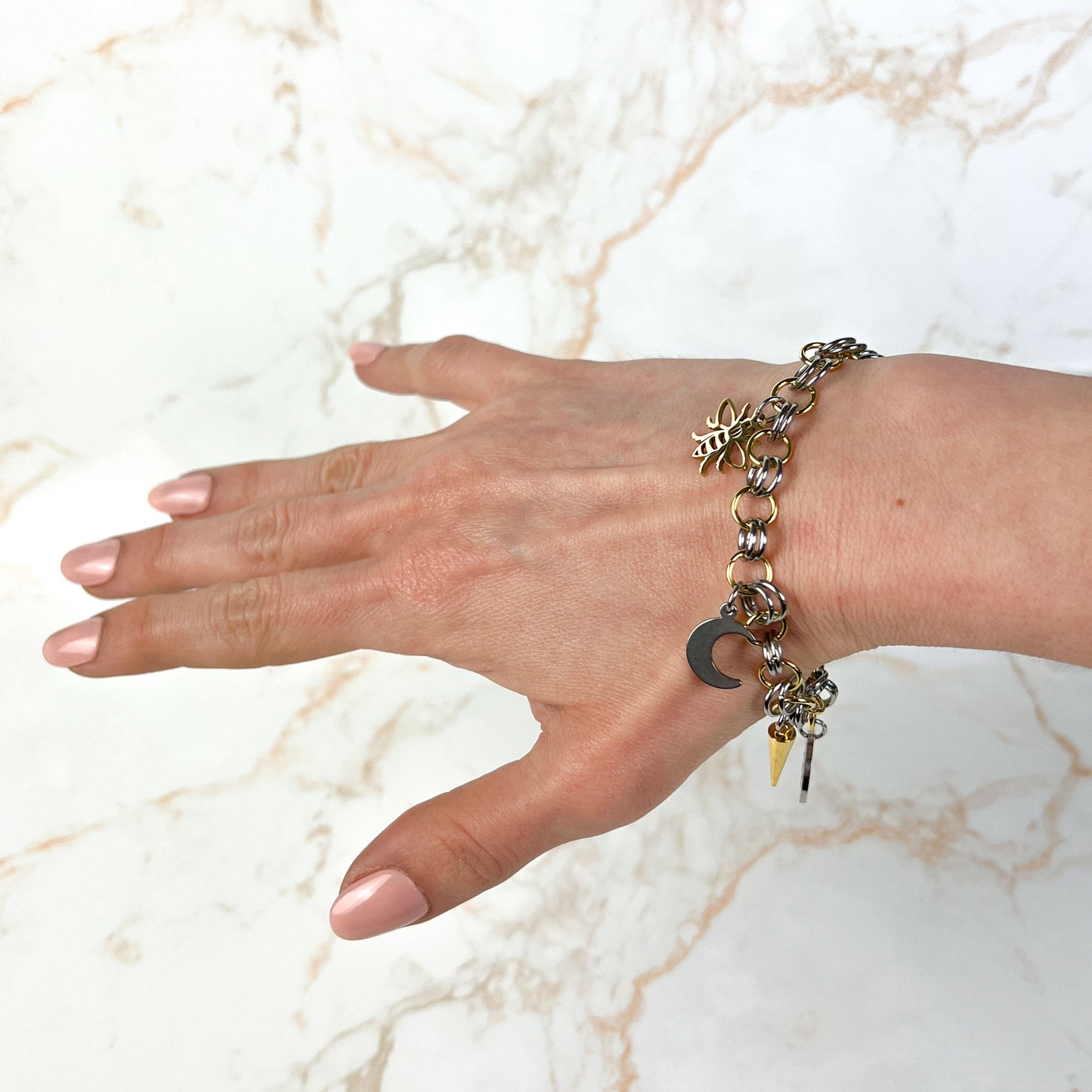 Chainmail charm bracelet, gold and silver tone, stainless steel and 18k gold plated Baguette Magick