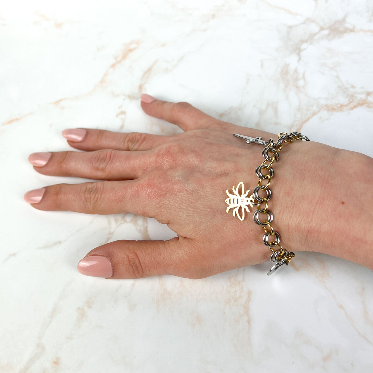 Chainmail charm bracelet, gold and silver tone, stainless steel and 18k gold plated Baguette Magick