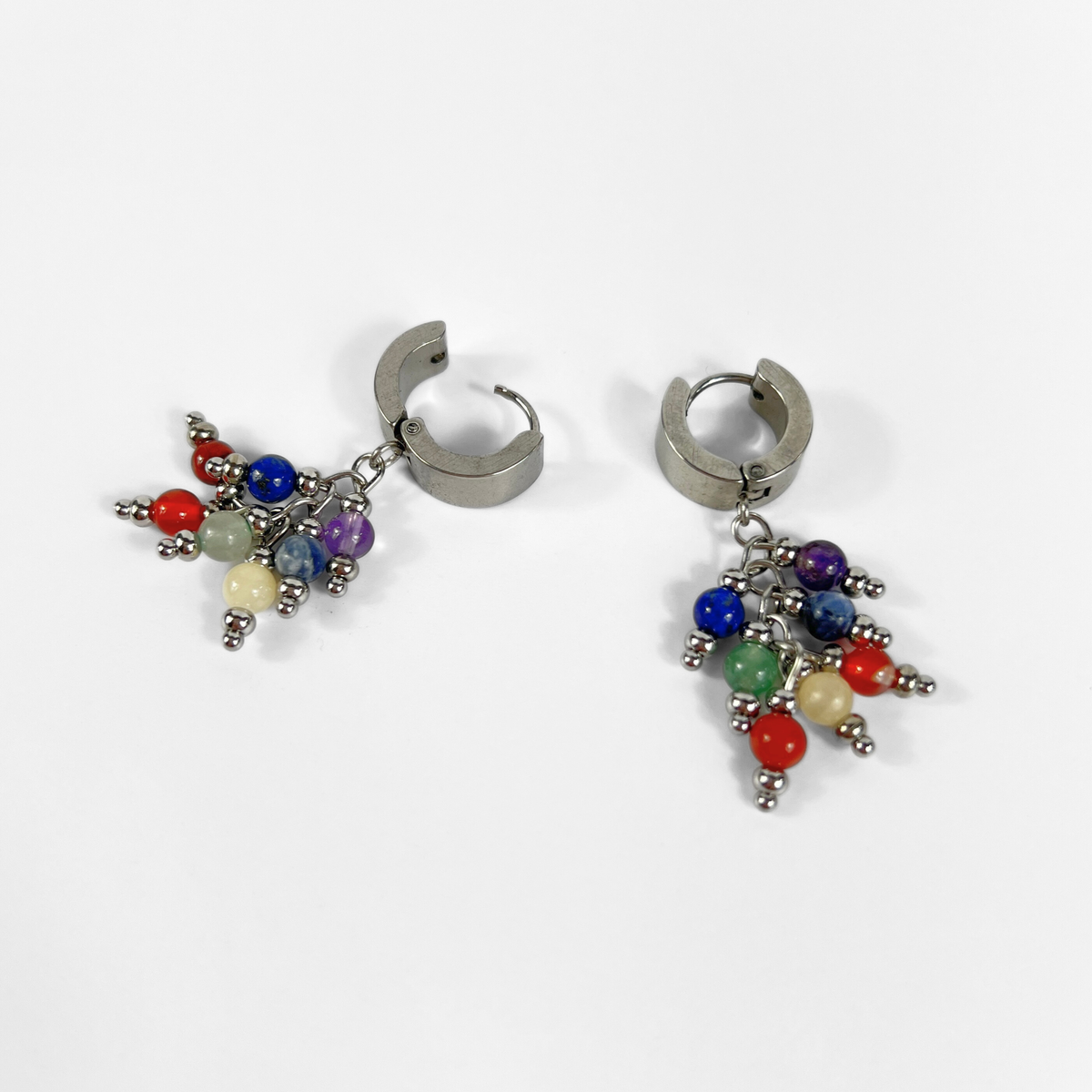 Seven chakra gemstone dangle earrings, crystal beads and stainless steel Baguette Magick