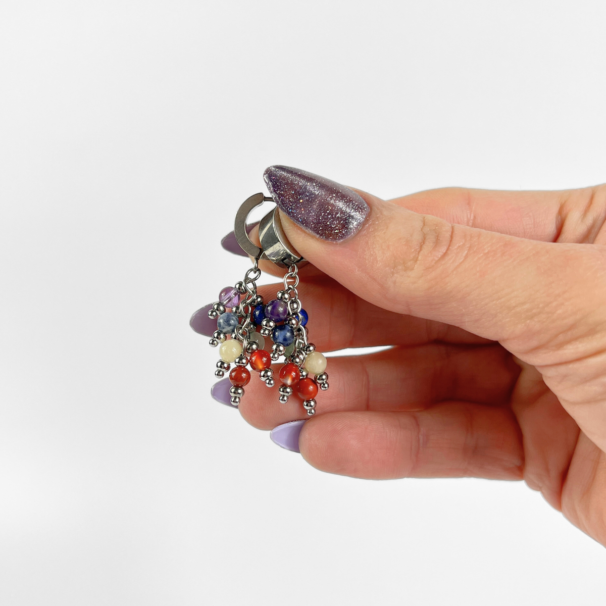 Seven chakra gemstone dangle earrings, crystal beads and stainless steel Baguette Magick