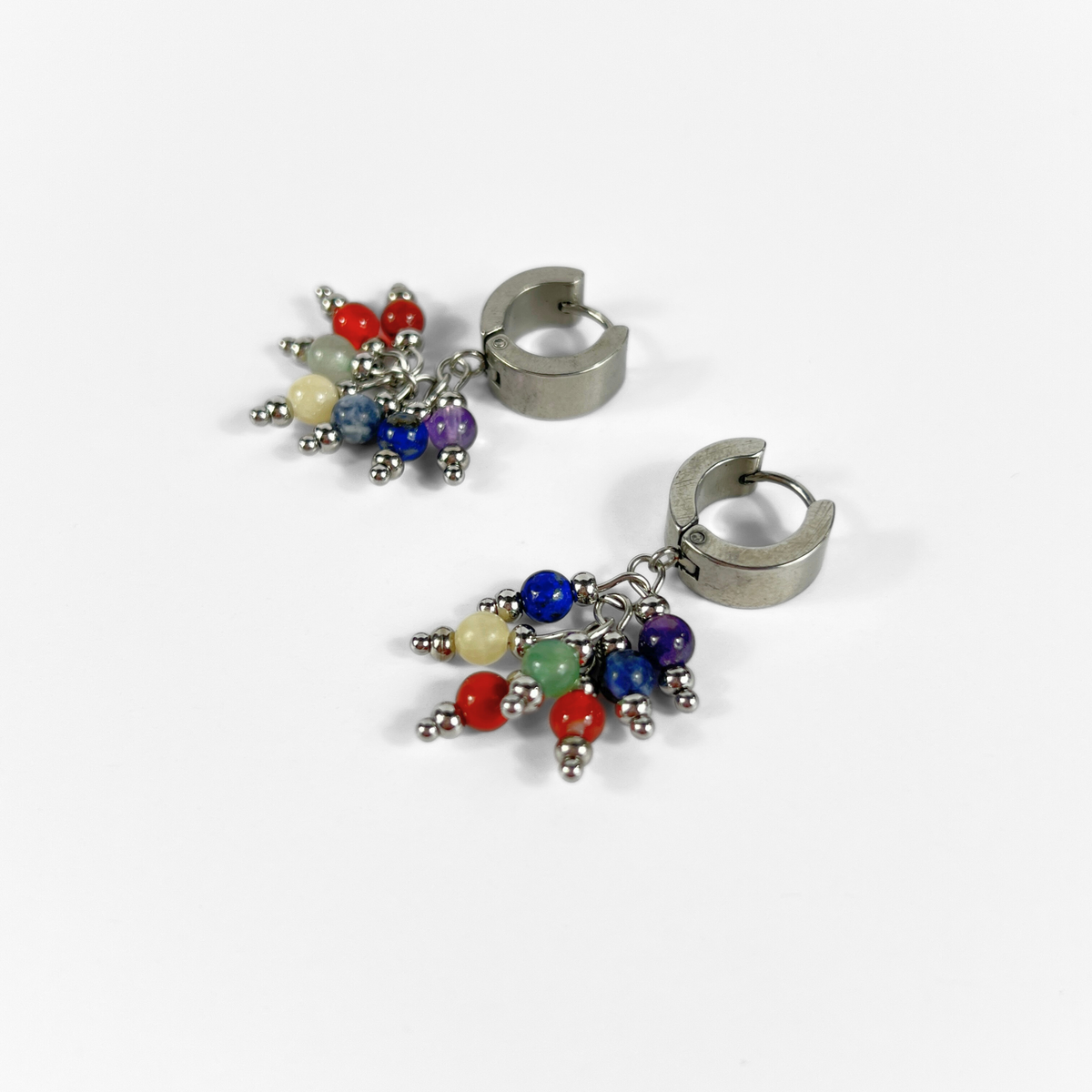 Seven chakra gemstone dangle earrings, crystal beads and stainless steel Baguette Magick