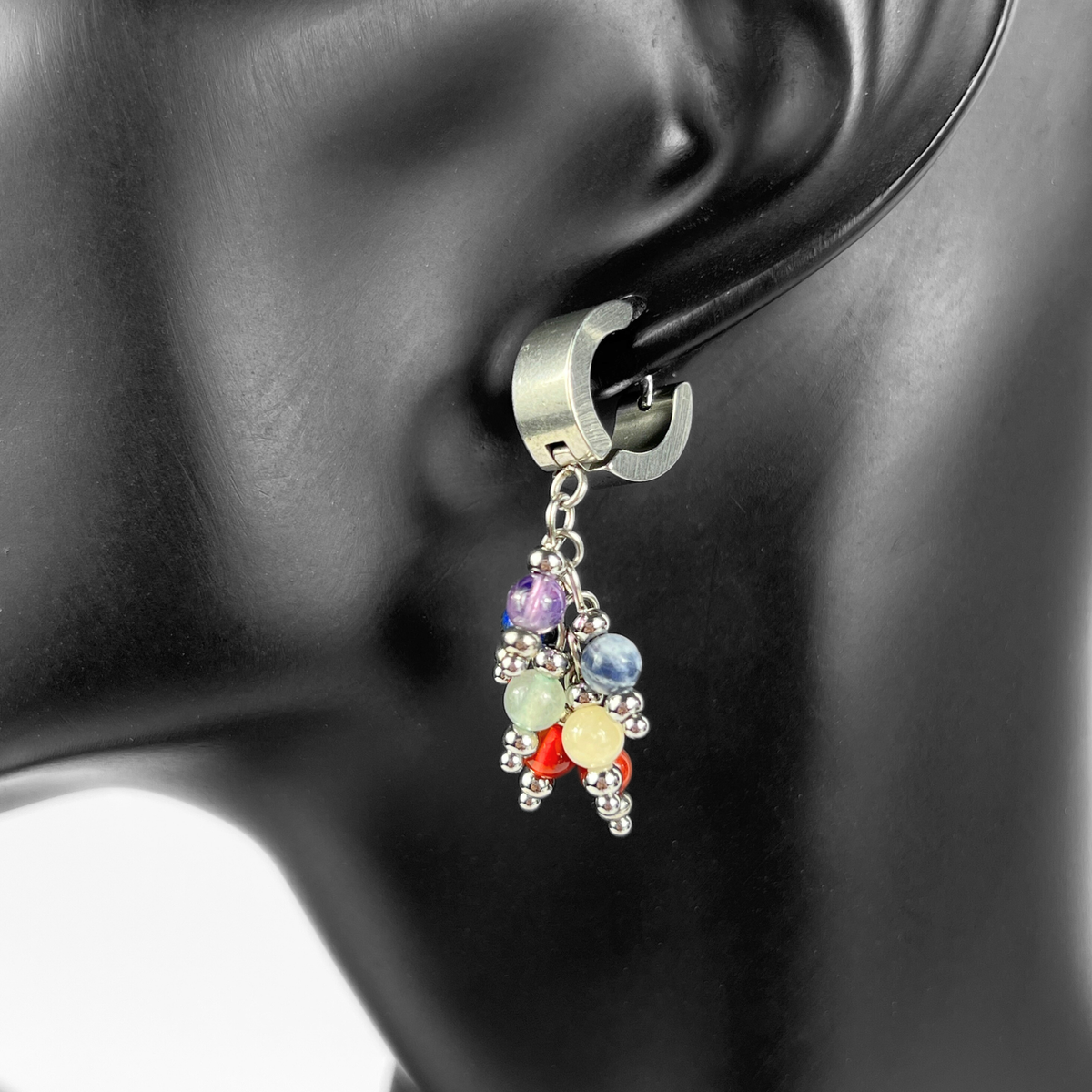 Seven chakra gemstone dangle earrings, crystal beads and stainless steel Baguette Magick