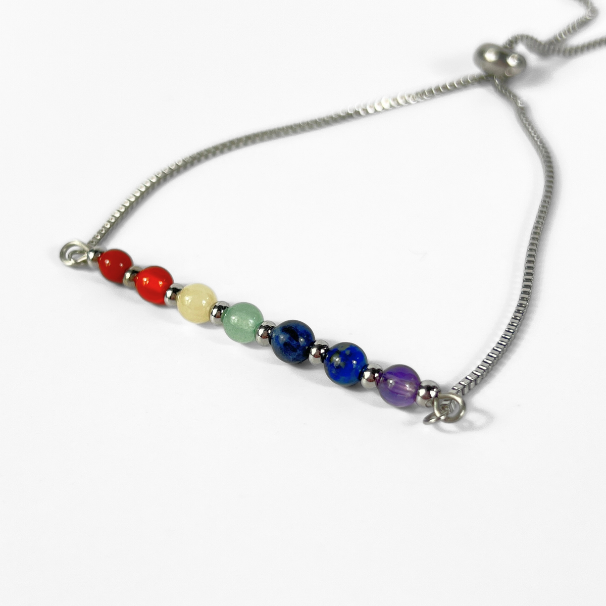 Seven chakra slider bracelet, natural gemstones, stainless steel Baguette Magick