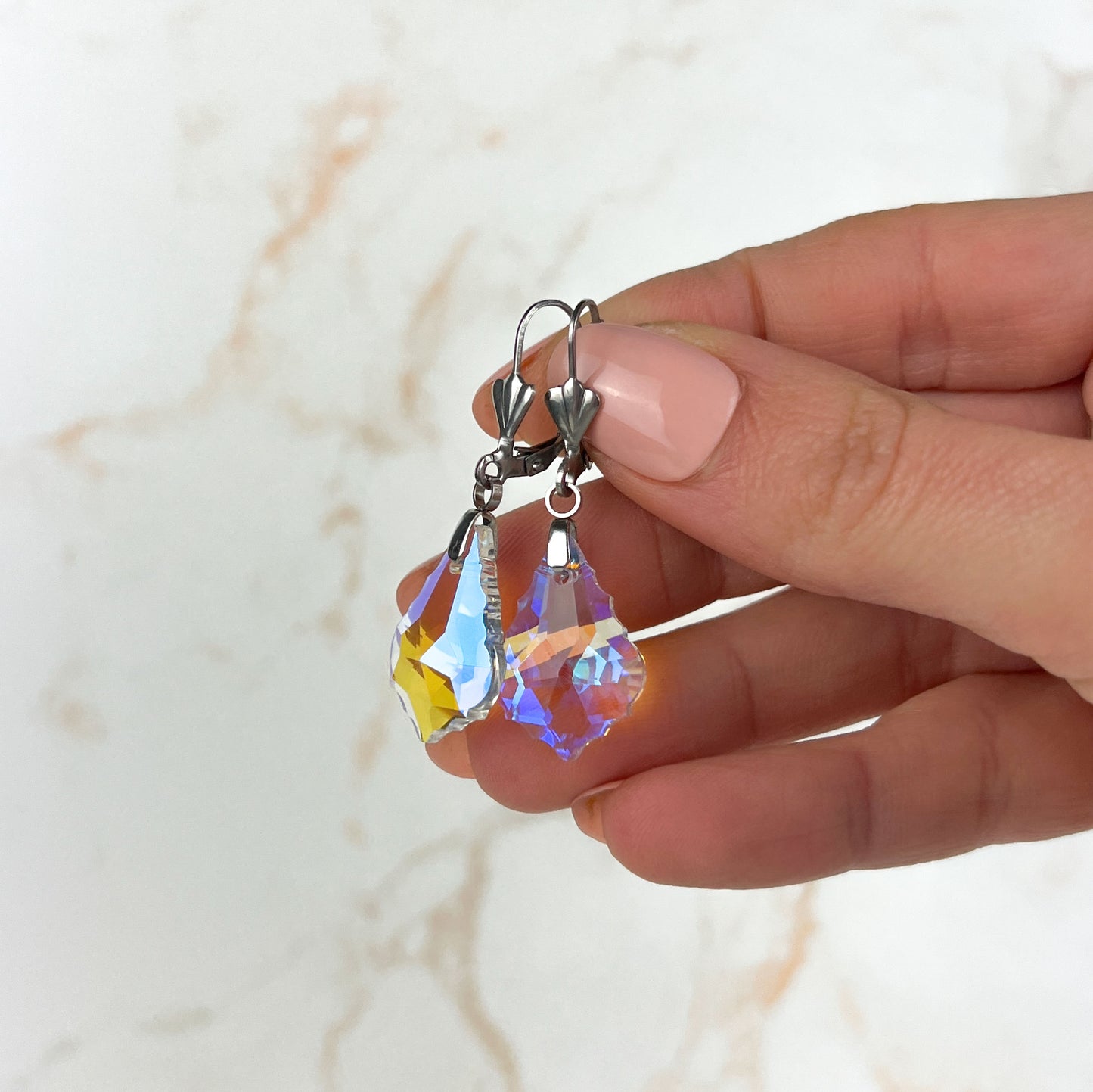Crystal sparkling earrings, Art Deco stainless steel closures Baguette Magick