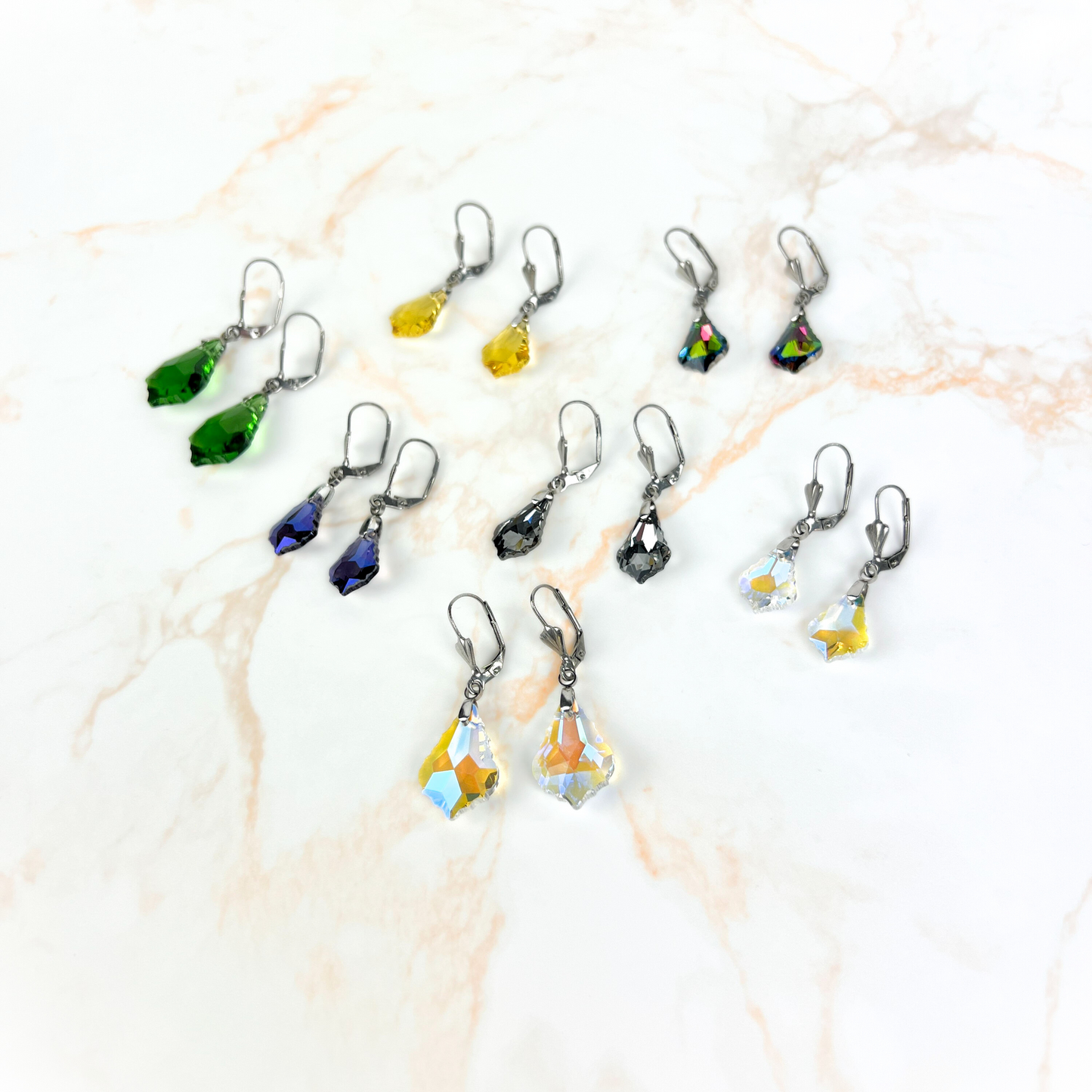 Crystal sparkling earrings, Art Deco stainless steel closures Baguette Magick