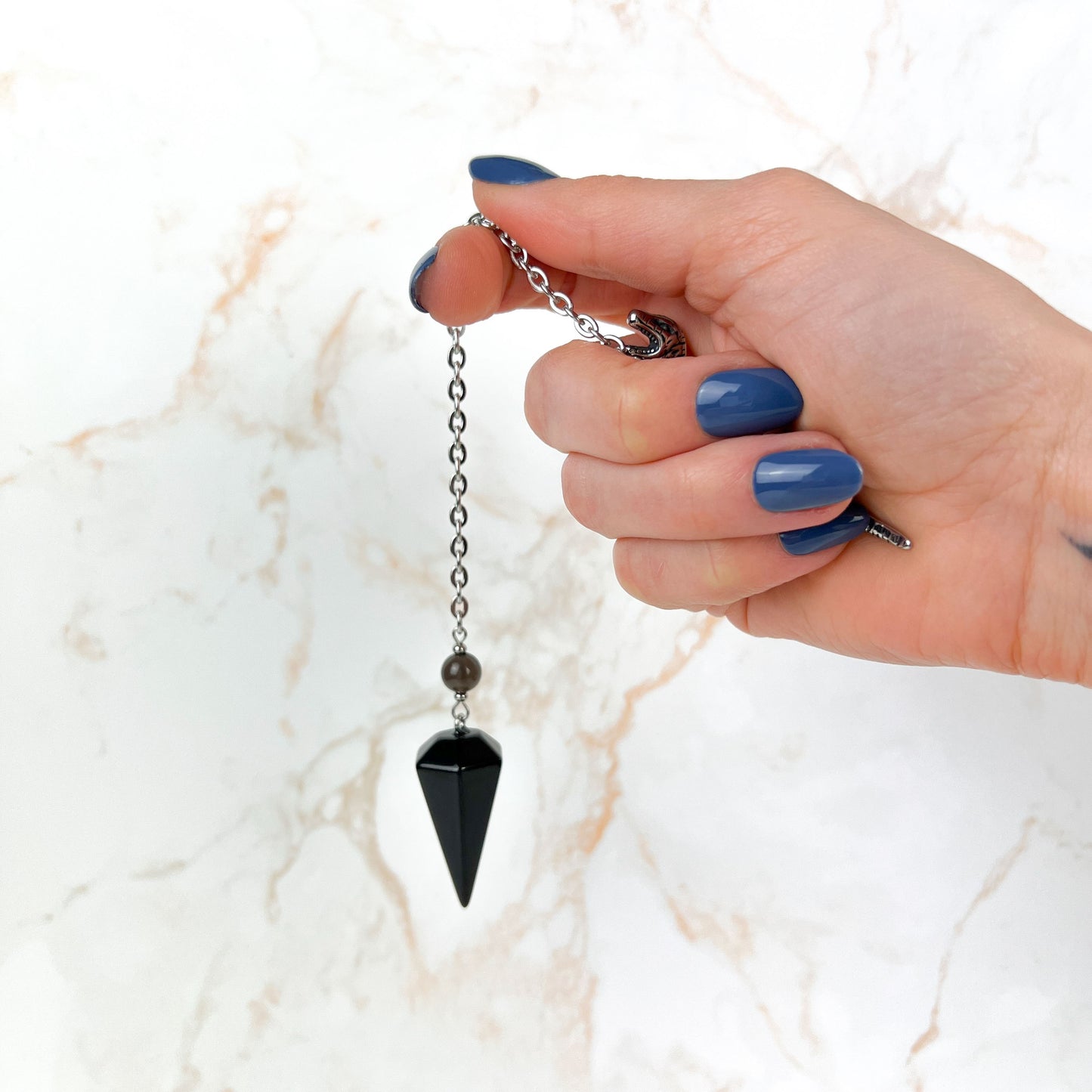 Velociraptor dinosaur dowsing pendulum, obsidian, smoky obsidian, onyx, stainless steel Baguette Magick