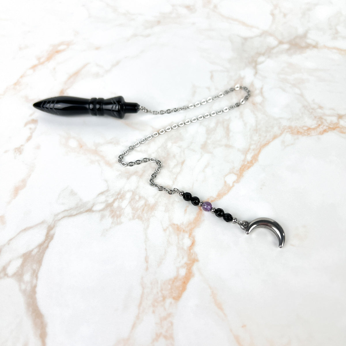 Engraved Egyptian Thot pendulum, obsidian, onyx, amethyst, stainless steel, Moon crescent charm Baguette Magick