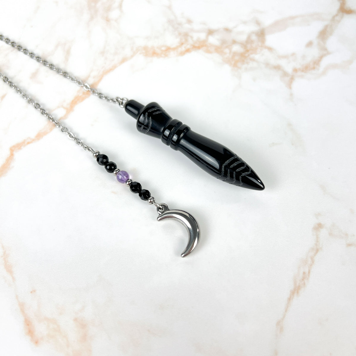 Engraved Egyptian Thot pendulum, obsidian, onyx, amethyst, stainless steel, Moon crescent charm Baguette Magick
