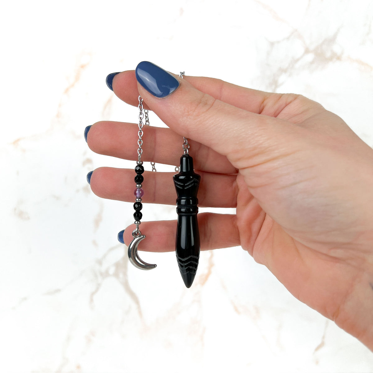 Engraved Egyptian Thot pendulum, obsidian, onyx, amethyst, stainless steel, Moon crescent charm Baguette Magick