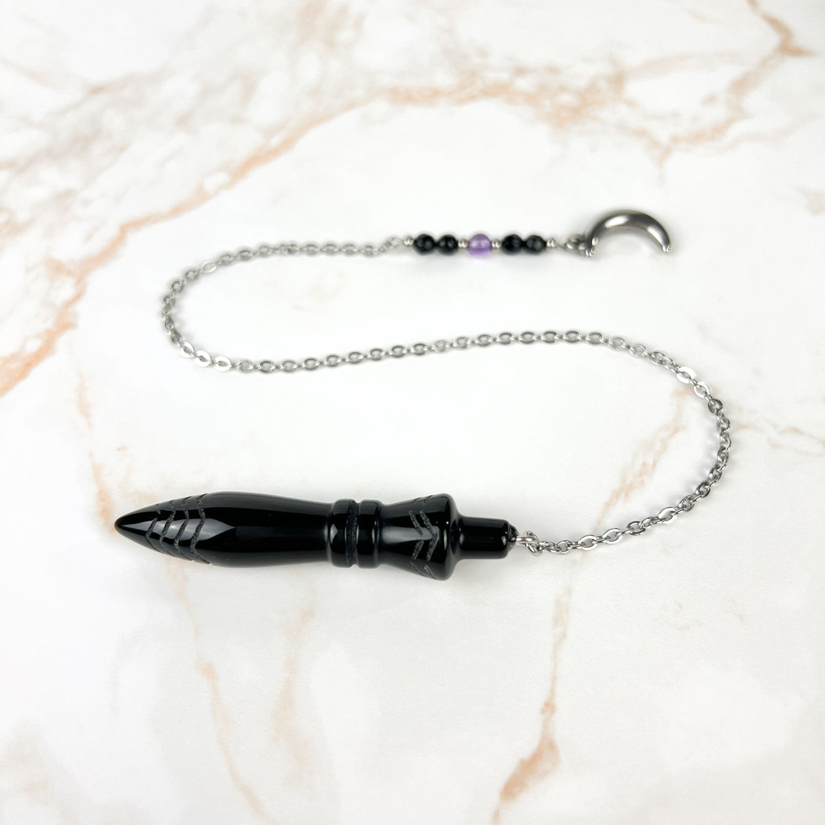 Engraved Egyptian Thot pendulum, obsidian, onyx, amethyst, stainless steel, Moon crescent charm Baguette Magick