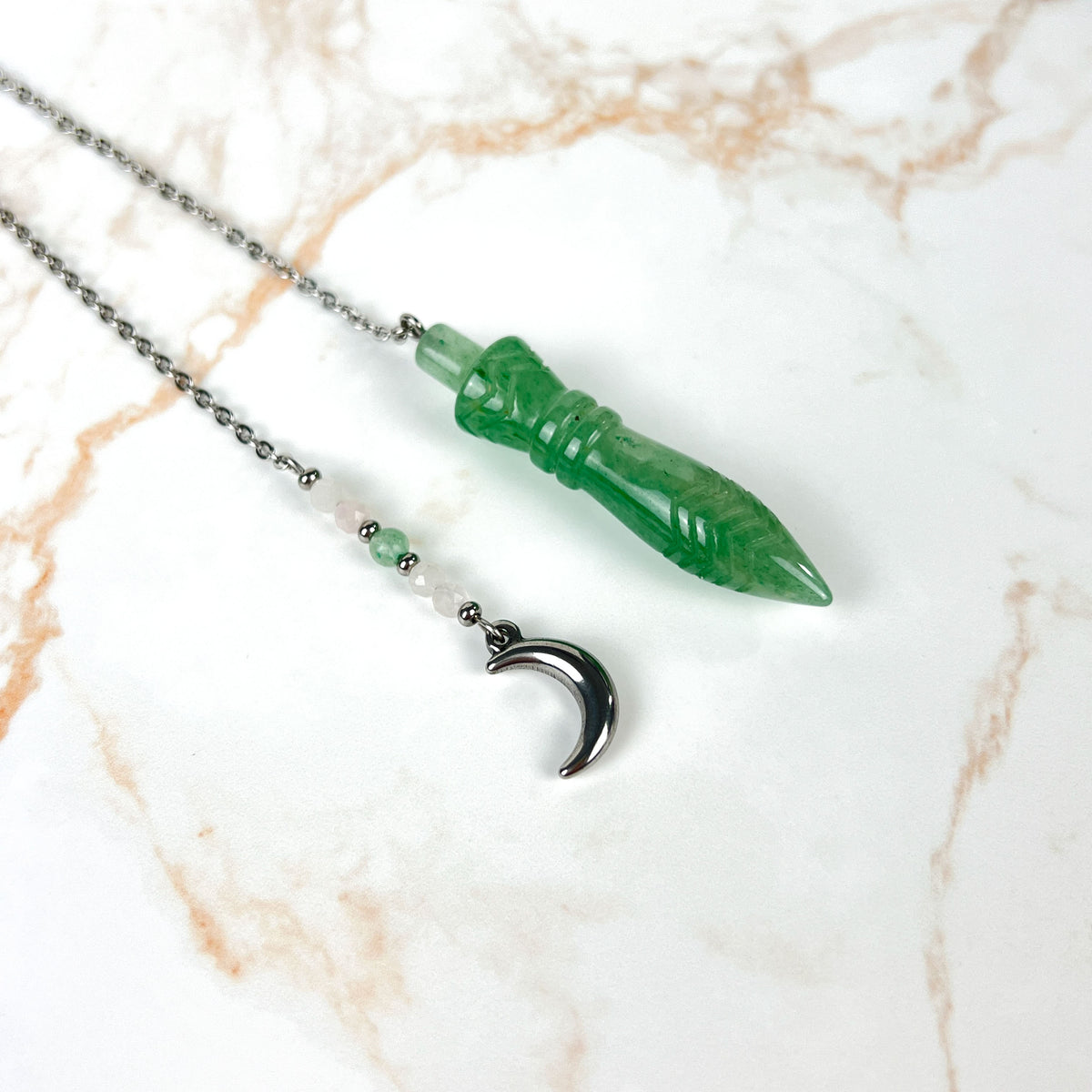 Engraved Egyptian Thot pendulum, Aventurine, Rose Quartz, stainless steel, Moon crescent charm Baguette Magick