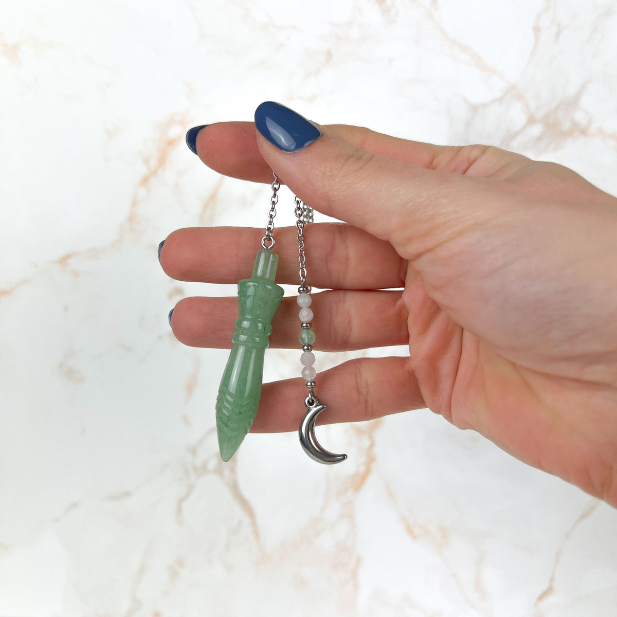 Engraved Egyptian Thot pendulum, Aventurine, Rose Quartz, stainless steel, Moon crescent charm Baguette Magick