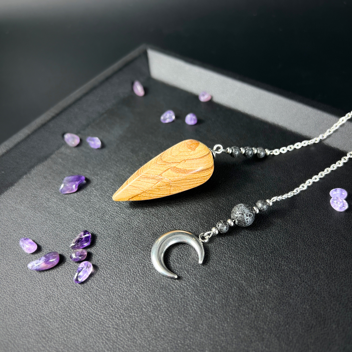 Picture jasper, lava rock and Moon crescent pendulum Baguette Magick