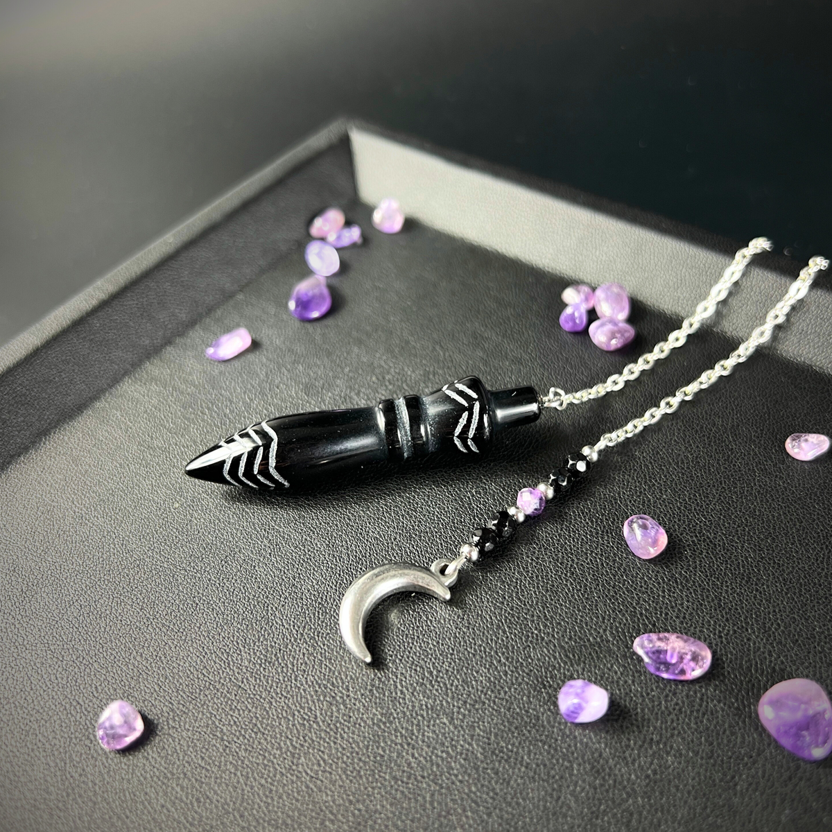 Engraved Egyptian Thot pendulum, obsidian, onyx, amethyst, Moon crescent charm