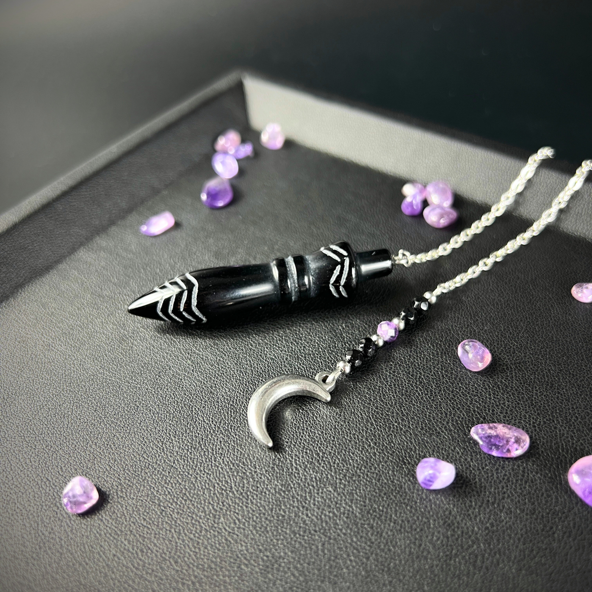 Engraved Egyptian Thot pendulum, obsidian, onyx, amethyst, Moon crescent charm