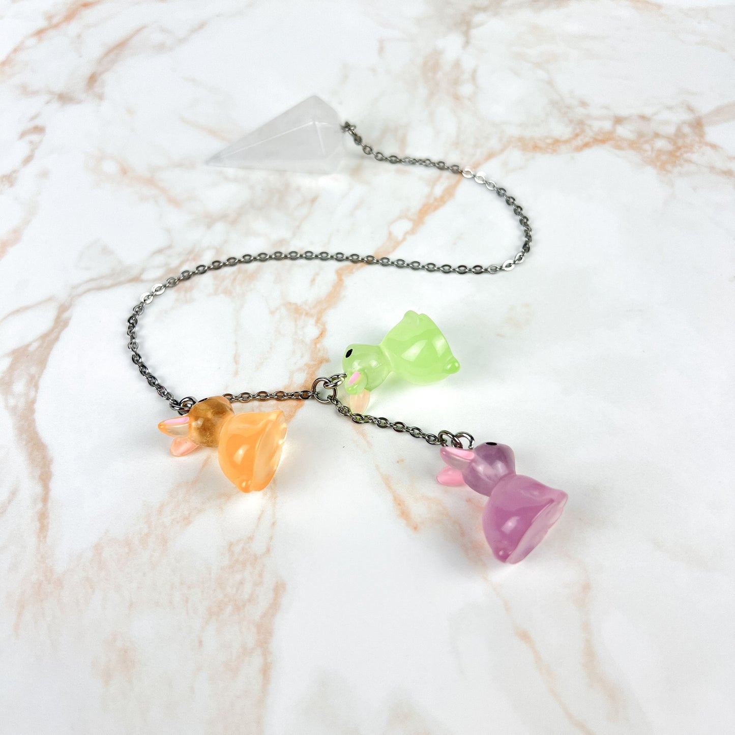 Easter bunnies clear quartz pendulum, stainless steel Baguette Magick