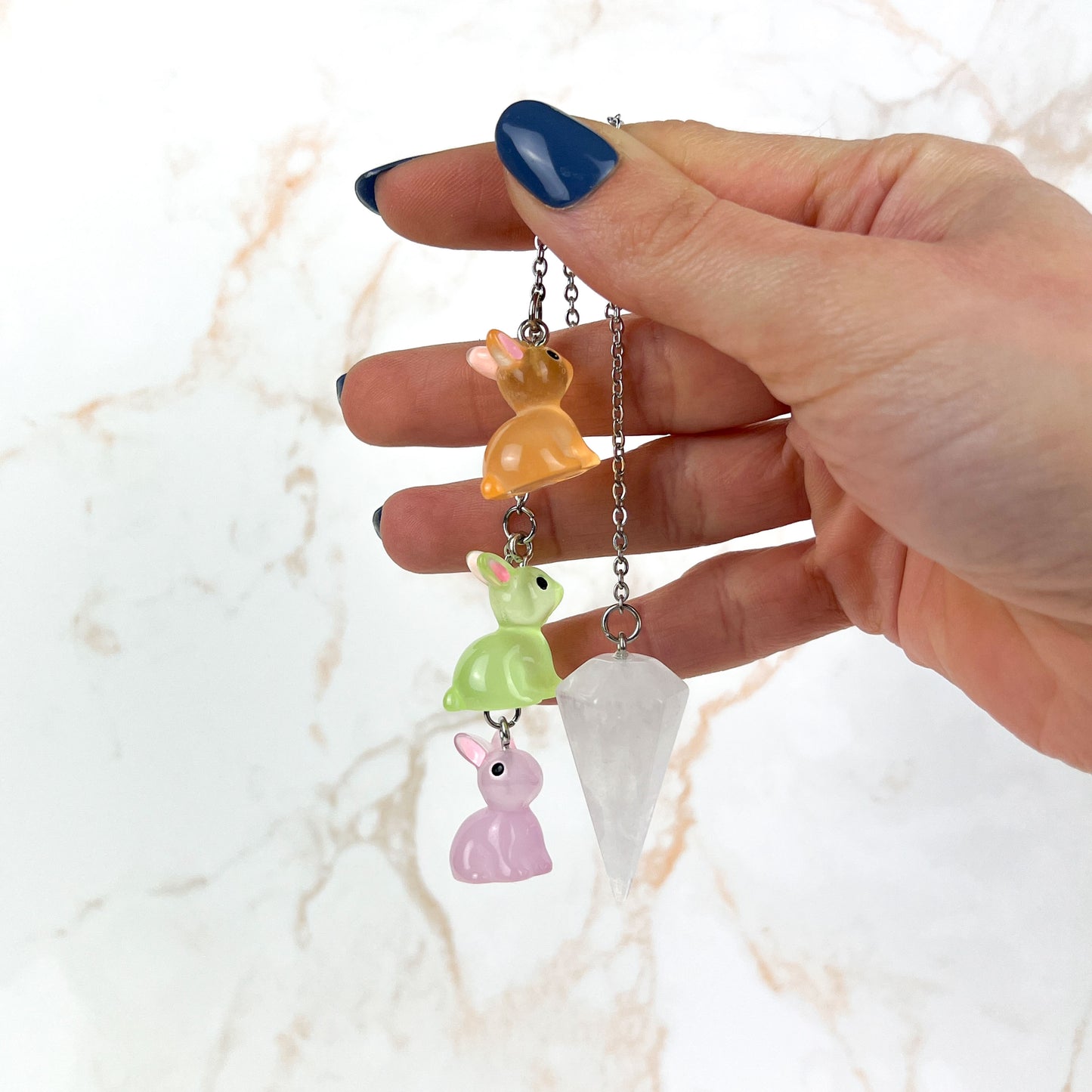 Easter bunnies clear quartz pendulum, stainless steel Baguette Magick