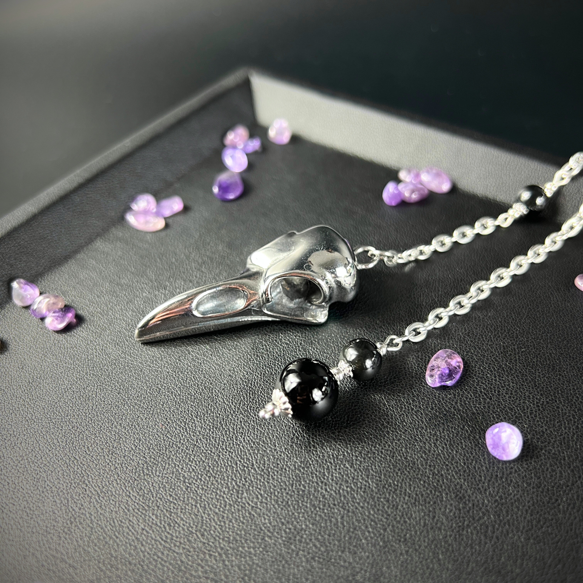 Raven skull and obsidian dowsing pendulum, stainless steel Baguette Magick